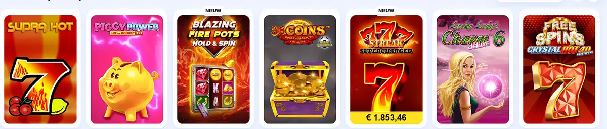 Row of casino slot thumbnails showing Supra Hot, Piggy Power, Blazing Fire Pots, 36 Coins, 7 Streak Supercharged (jackpot €1,853.46), Lucky Lady’s Charm Deluxe, and Free Spins Crystal Hot 40, with ‘New/Neu’ tags on some tiles