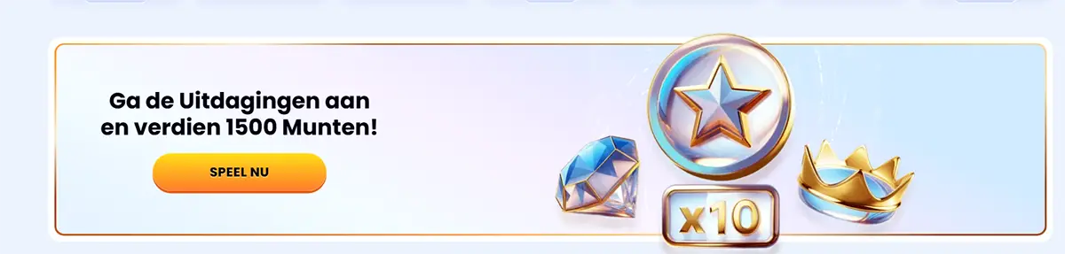 Dutch challenge banner with text ‘Ga de Uitdagingen aan en verdien 1500 Munten!’ an orange ‘SPEEL NU’ button, and 3D reward icons (diamond, star coin, x10 badge, crown) on a light background.